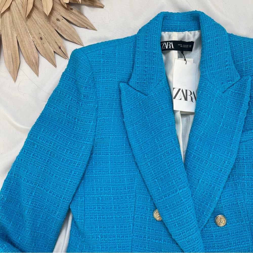 Zara Double Breasted Textured Blue Teal Turquoise Button Front Blazer Jacket XL - Picture 2 of 6
